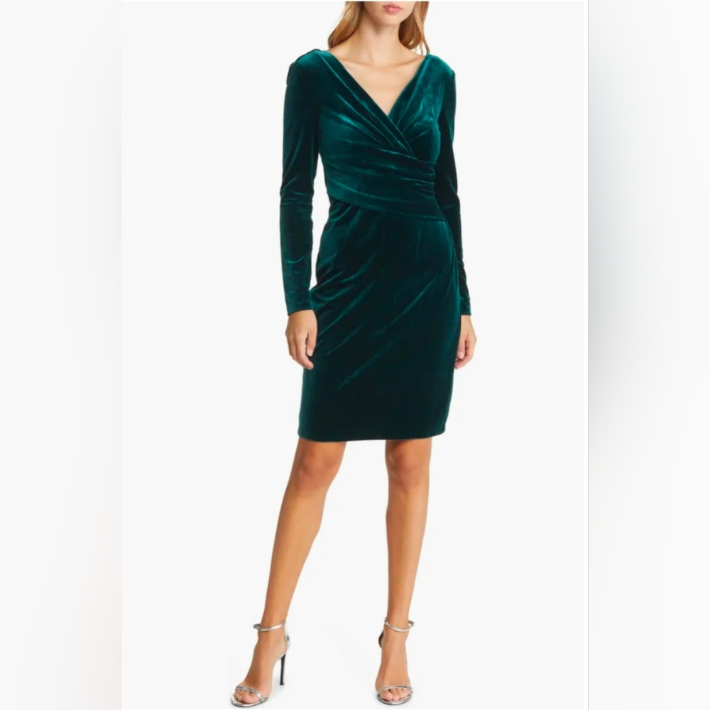 Eliza J Velvet Long Sleeve Dress in Deep Green